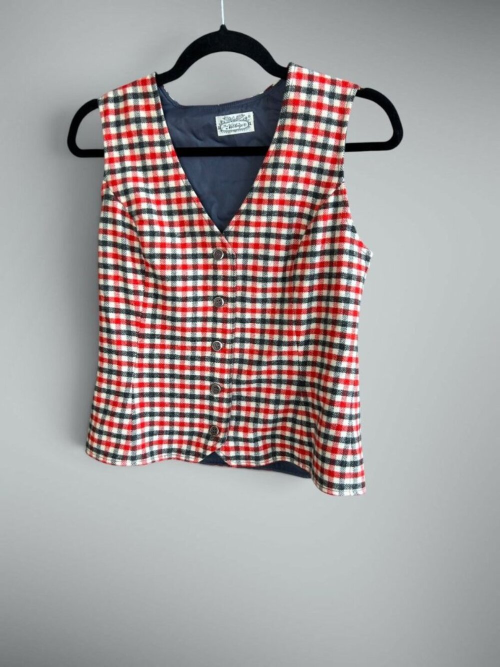 Vintage 70s The Villager Red Blue Plaid Fitted Retro Wool Vest